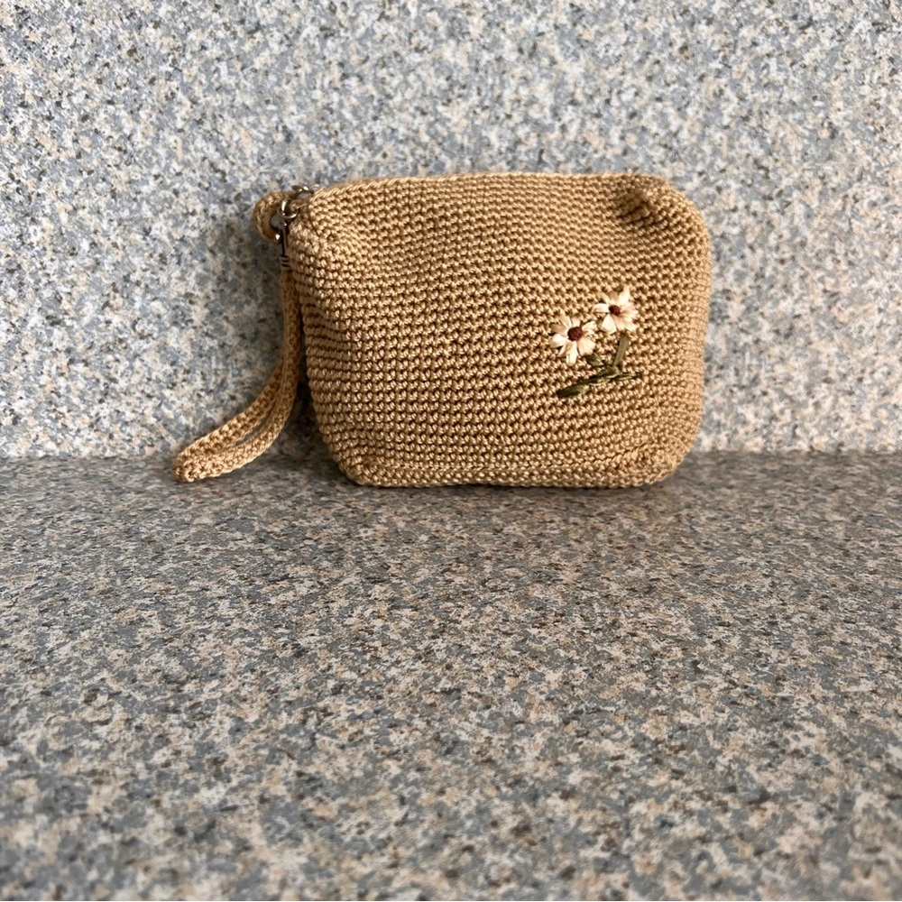 Tan Embellished Zippered Woven Wristlet Bag Floral Embroidered Ribbon Accent Vtg